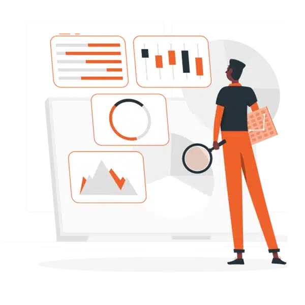 A stylized illustration of a person analyzing data on a large screen, holding a magnifying glass and a document, with charts and graphs displayed.