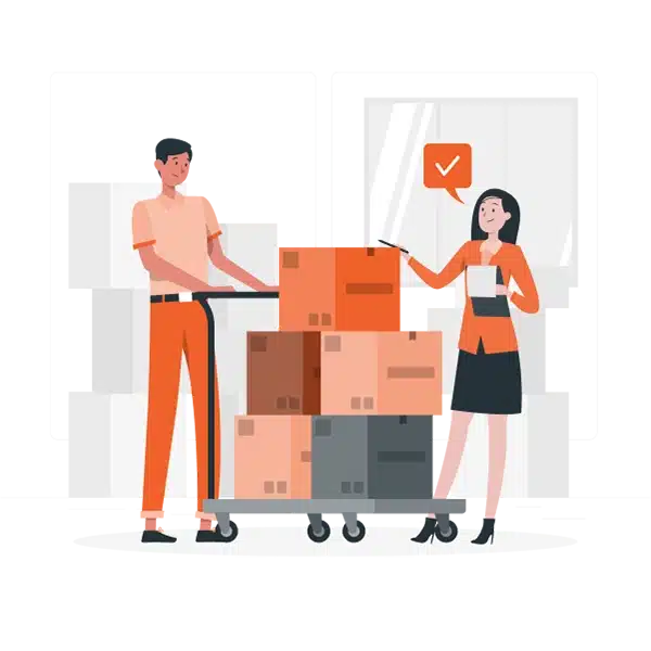 An illustration of a man pushing a cart loaded with boxes while a woman, holding a clipboard, gestures with a checkmark icon indicating approval.