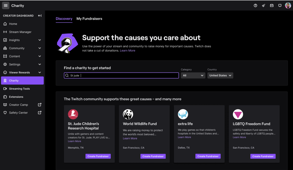 Twitch charity tool for donations