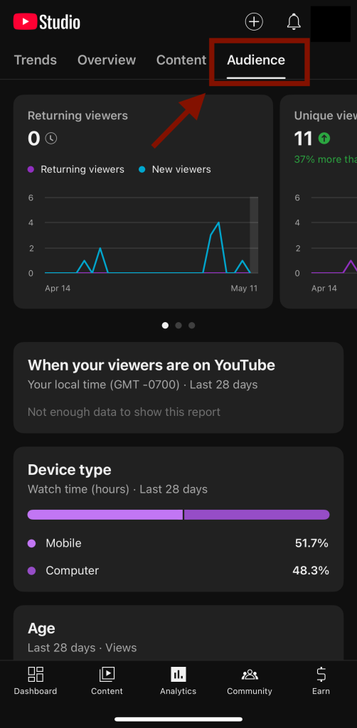 youtube studio audience tab on mobile