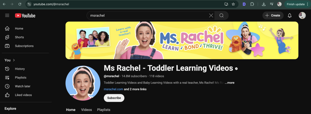 ms rachel youtube channel name and handle 